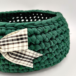 Crochet Baskets Elegant Green Crochet Basket with a Checkered Bow - mabrook.me