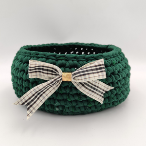Crochet Baskets Elegant Green Crochet Basket with a Checkered Bow - mabrook.me
