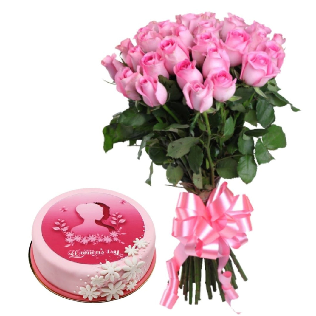 Flowers Women's Day Special - Bunch of Roses & Cake Combo - mabrook.me