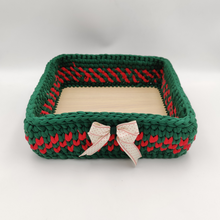 Load image into Gallery viewer, Crochet Baskets Bottle Green &amp; Red Wooden Base Crochet Basket - mabrook.me
