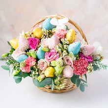 Load image into Gallery viewer, Flowers and Strawberries Basket Arrangement
