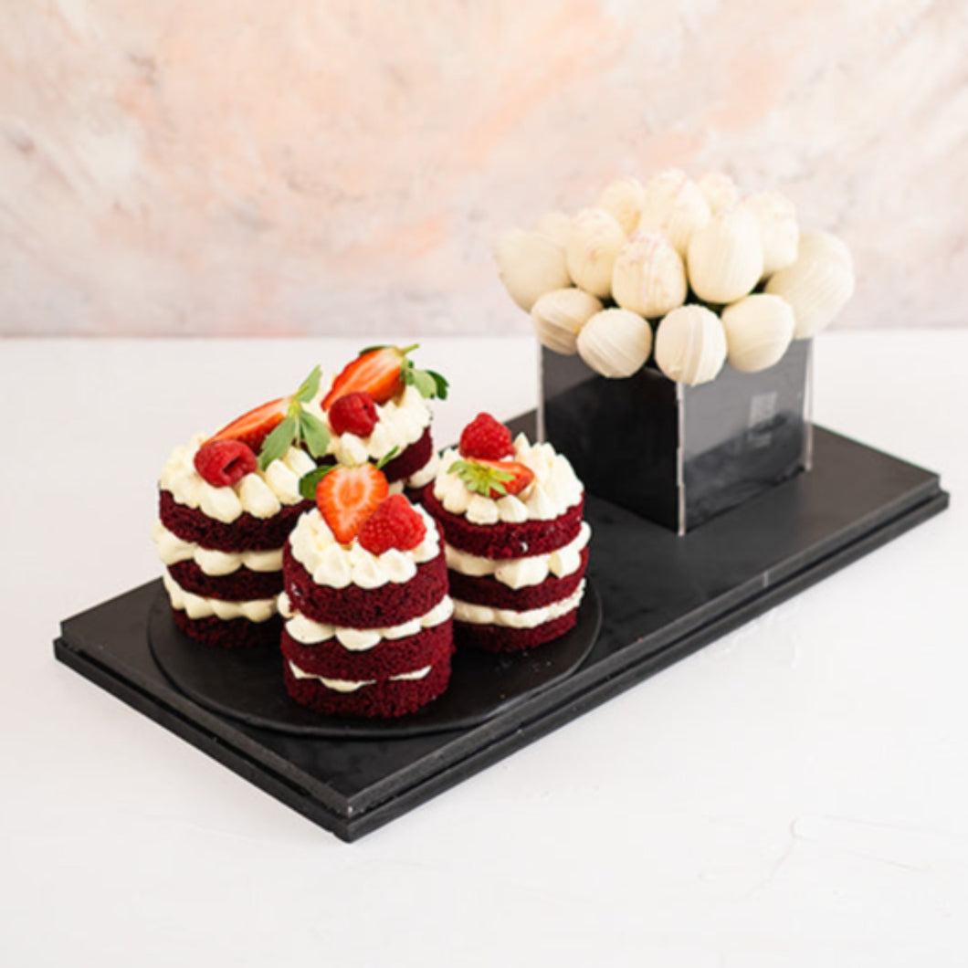 Candy & Chocolate Mini Cakes and Berries Arrangement - mabrook.me