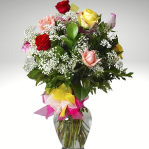 Flowers Mixed Rose Bunch in Glass Vase - mabrook.me