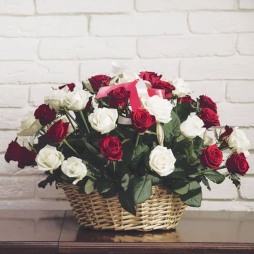 Flowers Red & White Rose Basket - mabrook.me
