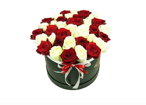 Flowers Red & White Roses in Bucket - mabrook.me
