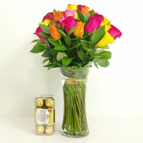 Flowers 15 mixed roses vase - mabrook.me