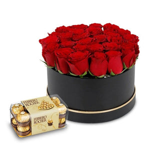 Flowers Box of Red Roses & Ferrero Rocher Chocolates - mabrook.me