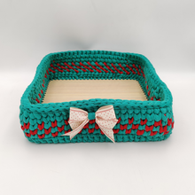 Load image into Gallery viewer, Crochet Baskets Green &amp; Red Wooden Base Crochet Basket - mabrook.me
