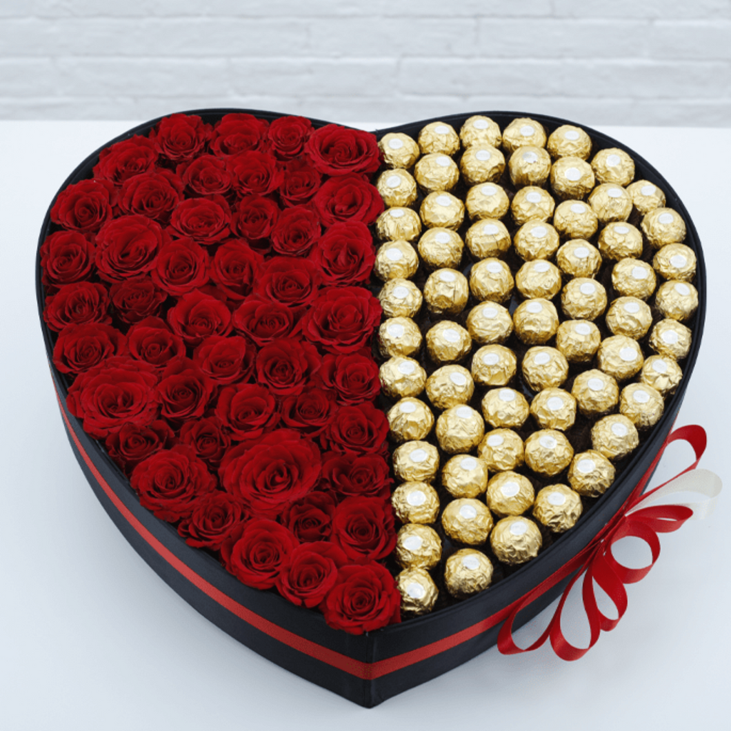 Flowers Red Roses & Ferrero Rocher Heart Box - mabrook.me